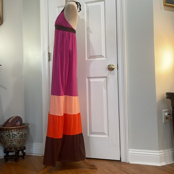 Roxy Maxi sun dress long halter style summer color block pink brown women size M - Picture 10 of 16